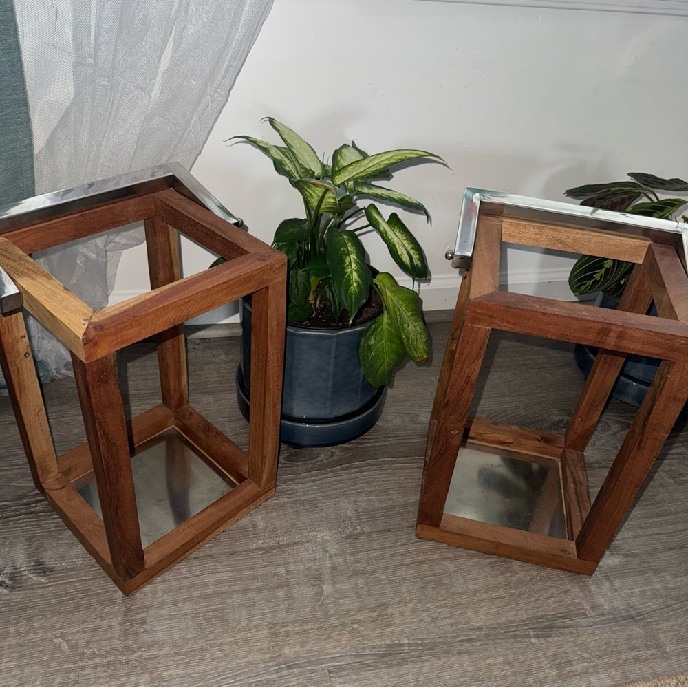 Set of Two Wooden Lanterns Metal Handles Rustic Farmhouse Garden